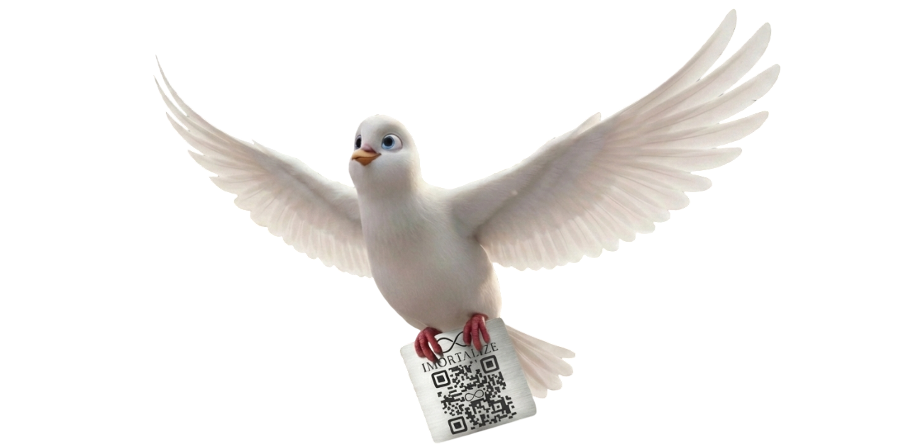 Pomba com placa Imortalize — memorial em aço inoxidável